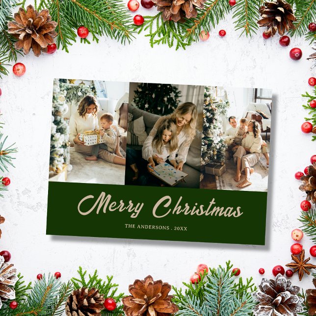 custom family photo green merry christmas Card Julkort (Skapare uppladdad)