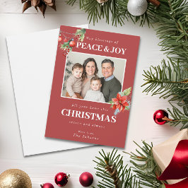 Custom Family Photo Red Poinsettia Christmas Julkort
