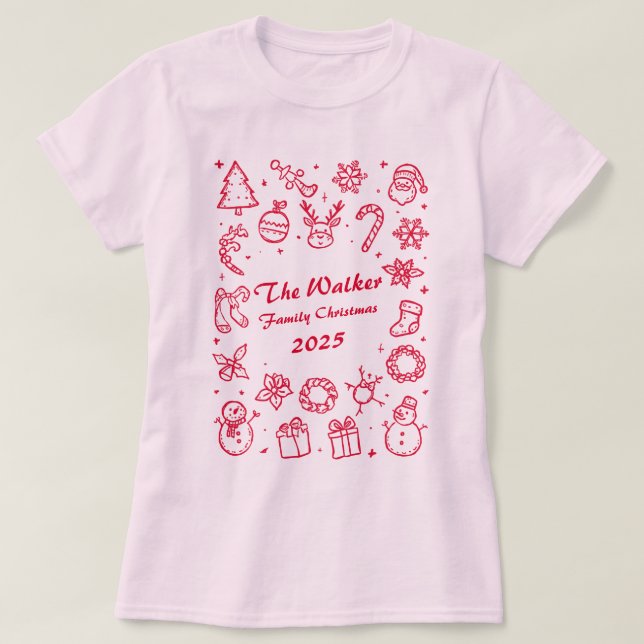 Custom Family Year Christmas Hand Drawn Doodles T Shirt (Design framsida)