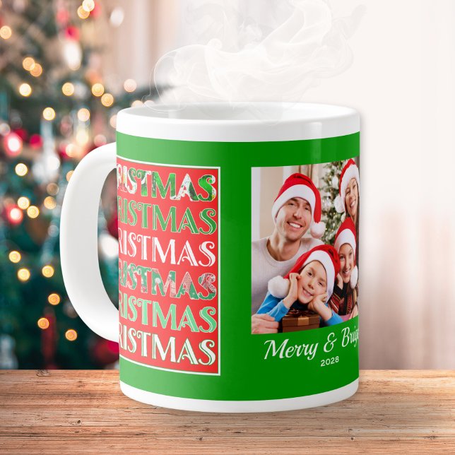 Custom Festive Red Green Christmas Photo Jumbo Mugg (Skapare uppladdad)