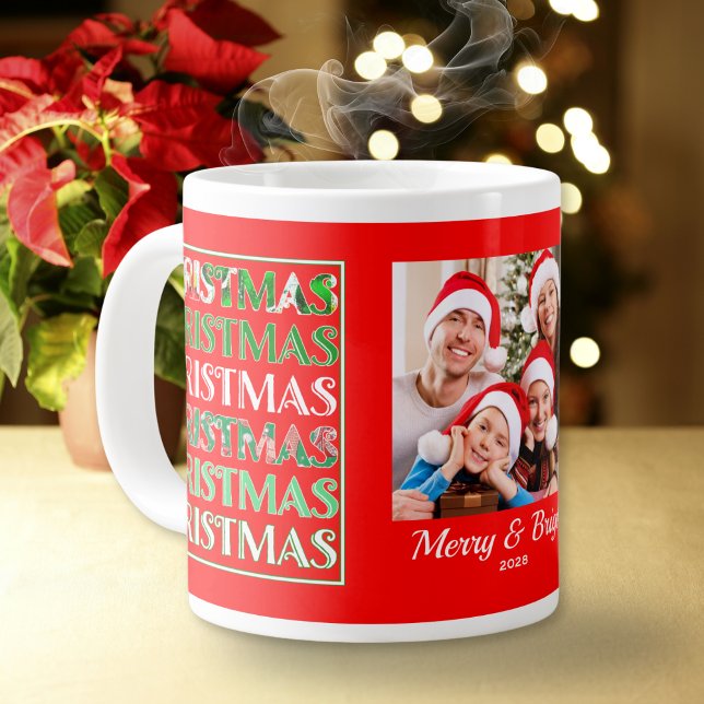 Custom Festive Red Green Christmas Photo Jumbo Mugg (Skapare uppladdad)