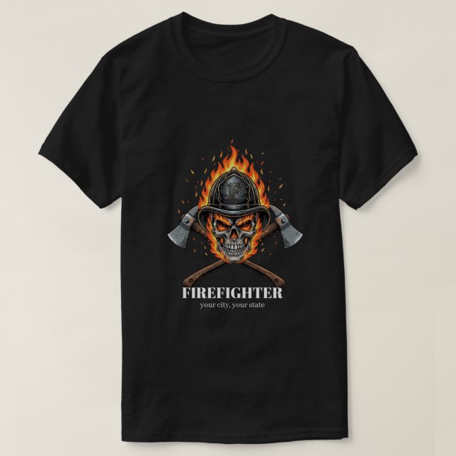 Custom Firefighter Flame Skull Inferno Crossed  T Shirt (Design framsida)