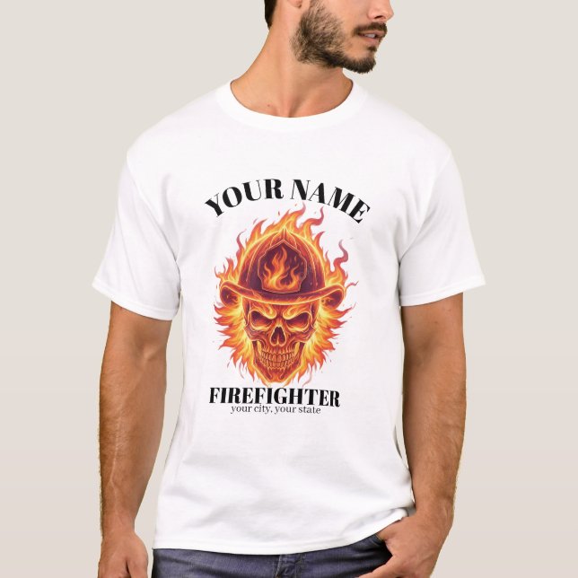 Custom Firefighter  Phoenix Flame Skull Rebirth T Shirt (Framsida)