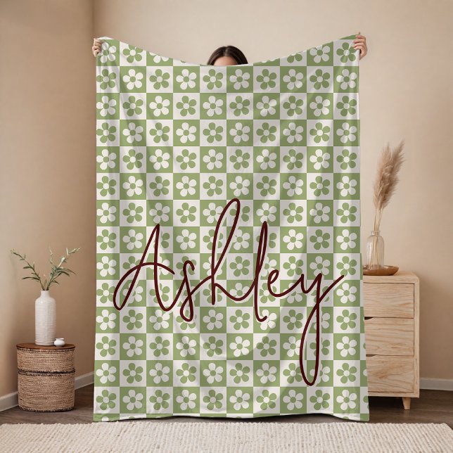 Custom Floral Checkered Blanket Gift for Mom, Girl Fleecefilt (Custom Khaki Checkered Blanket Baby Shower & Birthday Gift, Custom Cozy Floral Blanket Gift for Mom)