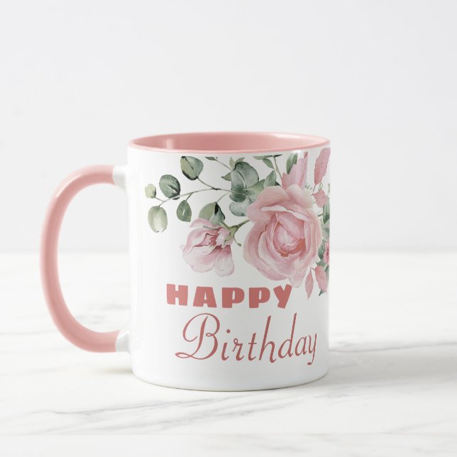 Custom Floral Happy Birthday  Mugg (Vänster)