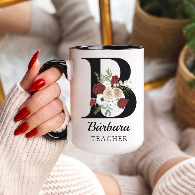 Custom Floral Monogram Mug Gift for Bride Teacher Mugg (Personalized Floral Alphabet Mug Gift for Teacher, Nurse, Doctor, Coworker, Boss, and Bridesmaid)