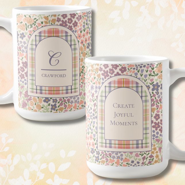 Custom Floral Plaid Mug – Custom Name & Quote Kaffemugg (Personalized Floral Plaid Mug – Custom Name & Inspirational Quote – Create Joyful Moments Gift)