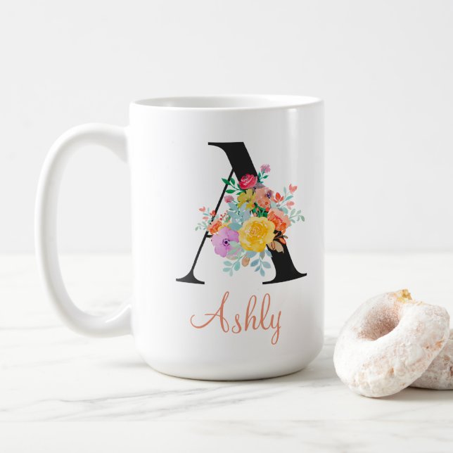 Custom Floral Watercolor Monogram Name Kaffemugg (Med munk)