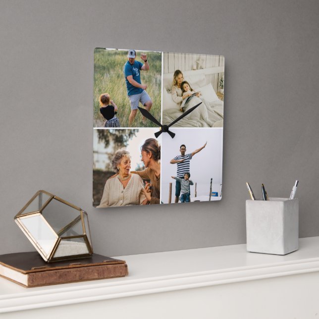 Custom Four Photo Collage Template Modern  Fyrkantig Klocka (Kontor)