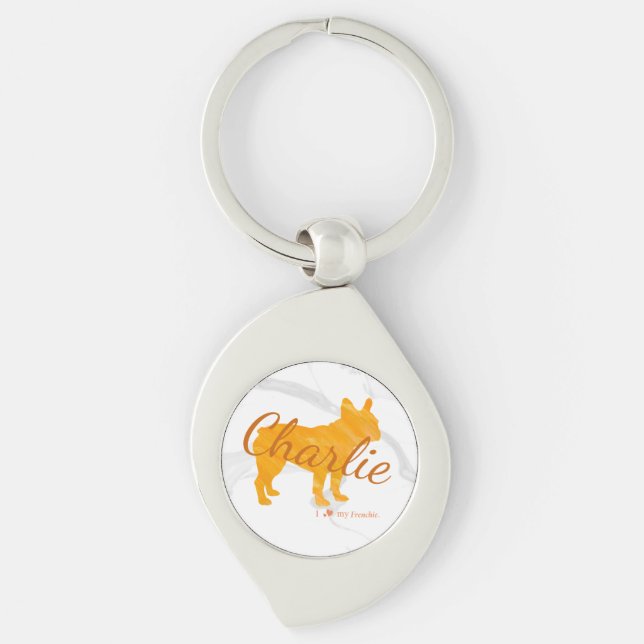 Custom French Bulldog Pastel Orange - Frenchie Swirl Silverfärgad Nyckelring (Framsidan)