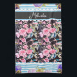 Custom French Pastel Pink Blue Rose Roses Painting Kökshandduk<br><div class="desc">Shabby Chic Floral Aqua Stripe Christmas Stocking. From my own art design.</div>