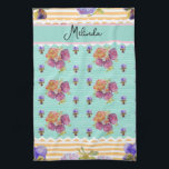 Custom French Pastel Purple Aqua Pansy Womans Name Kökshandduk<br><div class="desc">Shabby Chic Floral Aqua Stripe Christmas Stocking. From my own art design.</div>