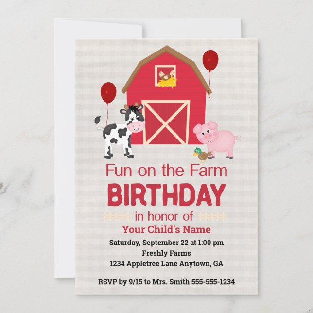 Custom Fun on the Farm Birthday Gingham  Inbjudningar (Framsida)