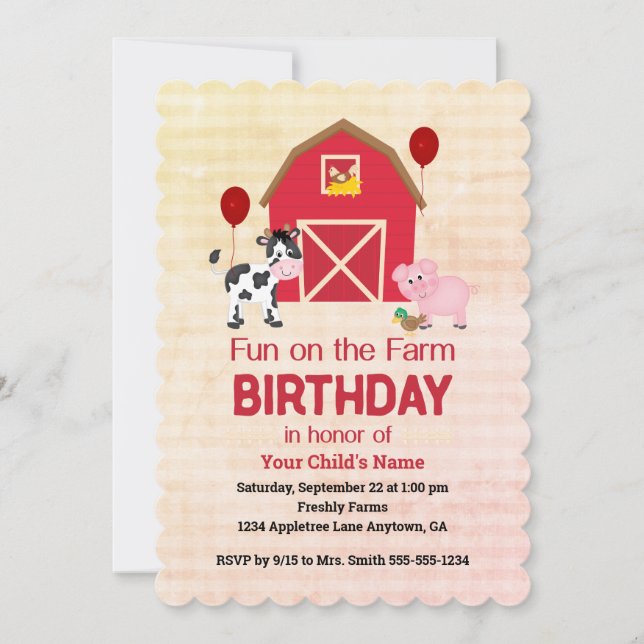Custom Fun on the Farm Child Birthday Gingham  Inbjudningar (Framsida)