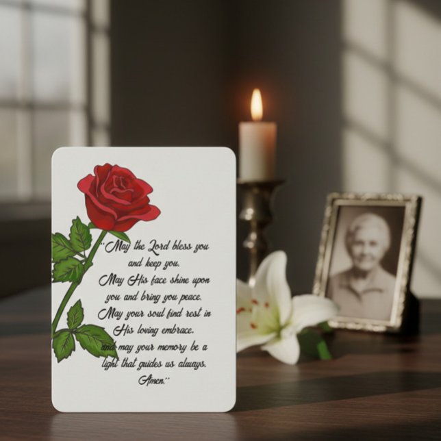 Custom Funeral Memorial Card with Prayer and Rose Tack Kort (Skapare uppladdad)