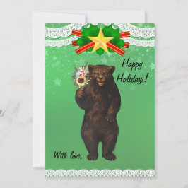 Custom Funny Modern Christmas Bear with flowers  Julkort