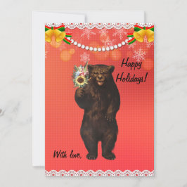 Custom Funny Modern Christmas Bear with flowers  Julkort