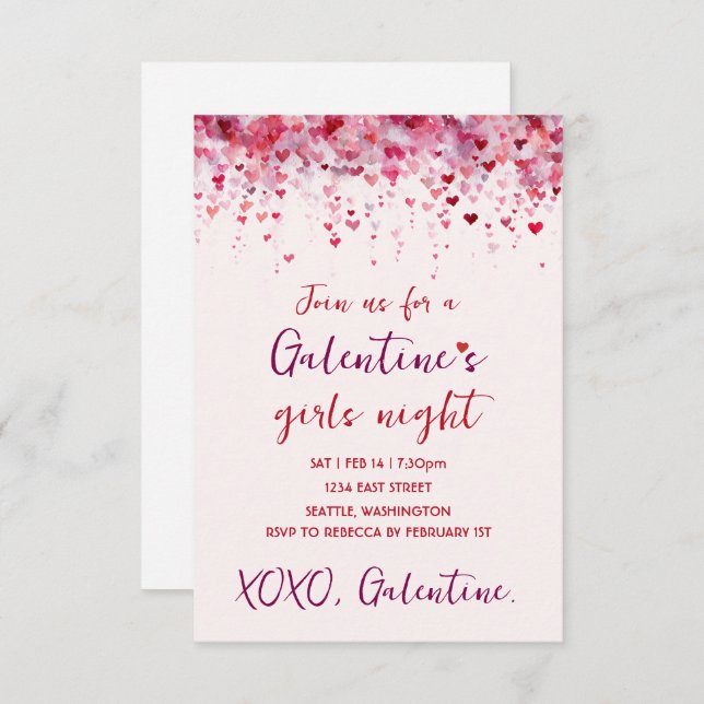 Custom Galentines Pink Hearts Party Invitation OSA Kort (Fram/baksida)