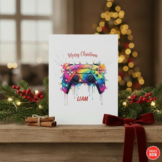 Custom Gamer Christmas Card With Game Controller Julkort (Skapare uppladdad)