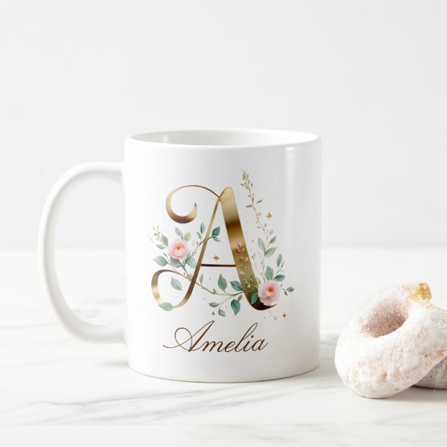 Custom Gold Floral Letter A Monogram Mug Kaffemugg (Med munk)