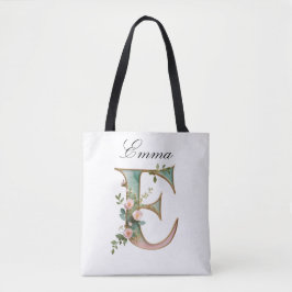 Custom Gold Floral Letter E All-Over Print Tote Tygkasse