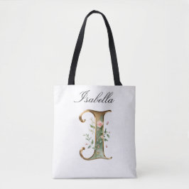 Custom Gold Floral Letter I All-Over Print Tote Tygkasse