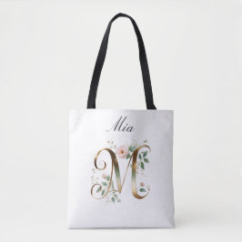 Custom Gold Floral Letter M All-Over Print Tote Tygkasse
