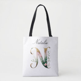 Custom Gold Floral Letter N All-Over Print Tote Tygkasse