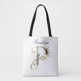 Custom Gold Floral Letter P All-Over Print Tote Tygkasse