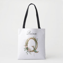Custom Gold Floral Letter Q All-Over Print Tote Tygkasse