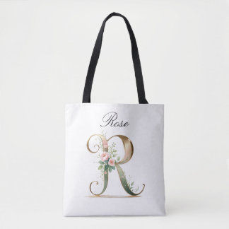 Custom Gold Floral Letter R All-Over Print Tote Tygkasse