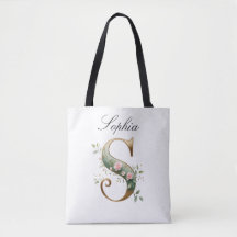 Custom Gold Floral Letter S All-Over Print Tote