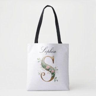 Custom Gold Floral Letter S All-Over Print Tote Tygkasse