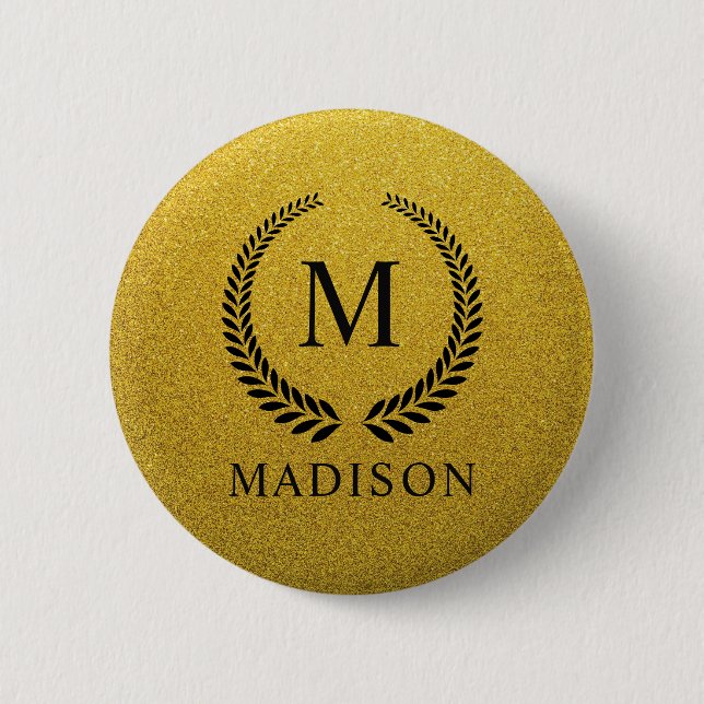 Custom Golden Black and Gold Glitter Monogram  Knapp (Framsida)