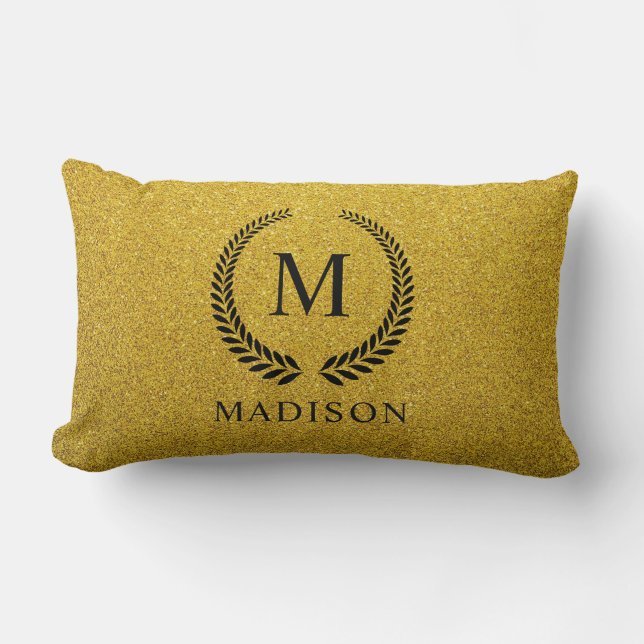Custom Golden Black and Gold Glitter Monogram  Lumbarkudde (Framsida)