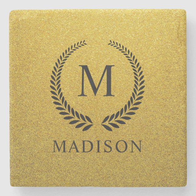 Custom Golden Black and Gold Glitter Monogram  Stenunderlägg (Framsidan)