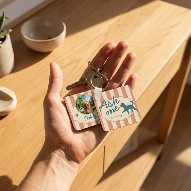 Custom Golden Doodle Photo Name Terracotta Stripes Nyckelring (Skapare uppladdad)