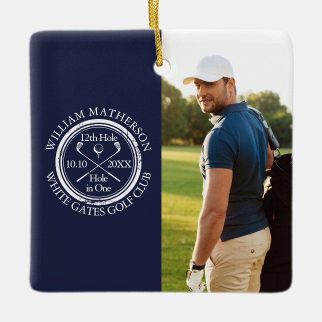 Custom Golf Hole in One Photo Golfer Navy Blue Julgransprydnad Keramik (Framsida)