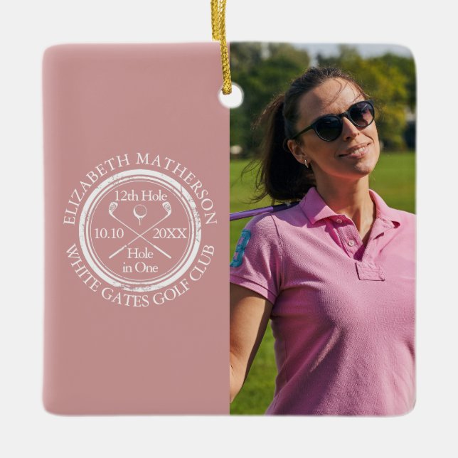 Custom Golf Hole in One Photo Golfer Pink Julgransprydnad Keramik (Framsida)