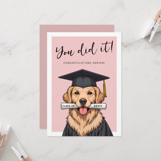 Custom Graduation Cute Golden Retriever Kort (Fram/Back In Situ)