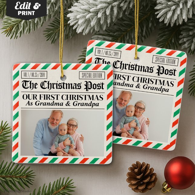 Custom Grandparents Our First Christmas Newspaper Julgransprydnad Keramik (Custom Grandparents Our First Christmas Newspaper Ceramic Ornament)