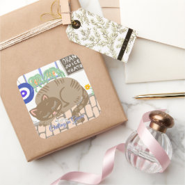 Custom Greek Taverna Cat Mediterranean Scene Fyrkantigt Klistermärke