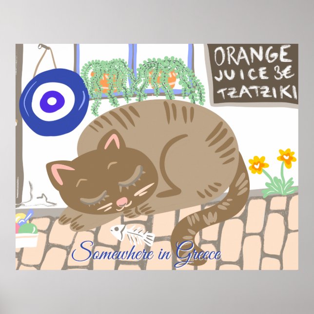 Custom Greek Taverna Cat Mediterranean Scene Poster (Framsidan)