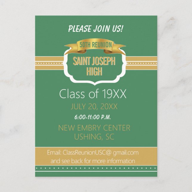Custom Green 50th Class Reunion Invite Vykort (Framsida)