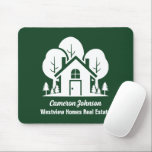 Custom Green Forest House Real Estate Company<br><div class="desc">This forest green real estate company mousepad is perfectly customized for a realtor who specialized in houses near the wilderness or woodlands. The white silhouette of trees behind a log cabin home and personalized with your agent and realty business name for marketing in the backwoods.</div>
