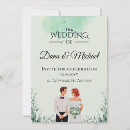 Custom green watercolor flowy wedding inbjudningar