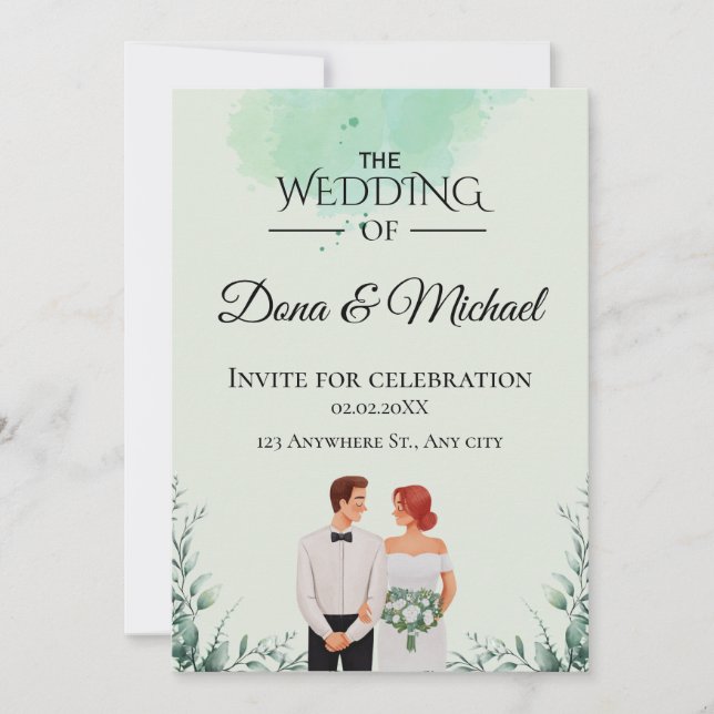 Custom green watercolor flowy wedding inbjudningar (Framsida)