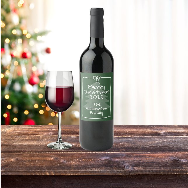 Custom Green Whimsical Doodle Christmas  Vinflaska Etikett (Skapare uppladdad)
