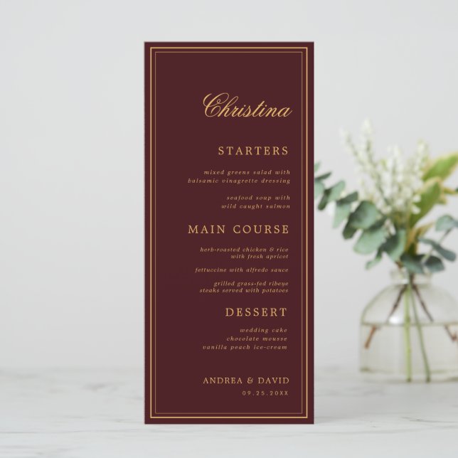Custom Guest Name Burgundy Gold Place Card Menu Meny (Stående Fram)
