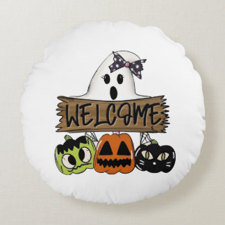Custom Halloween Welcome Sign Round Pillow Rund Kudde